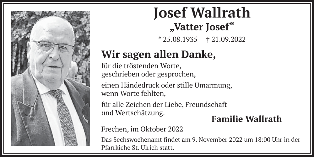  Traueranzeige für Josef Wallrath vom 14.10.2022 aus  Wochenende 