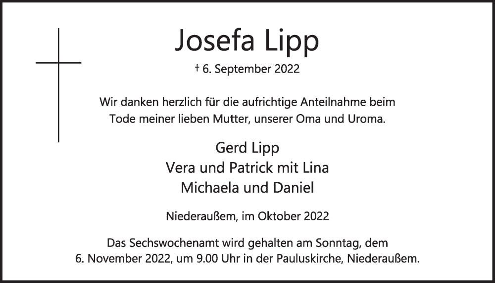  Traueranzeige für Josefa Lipp vom 21.10.2022 aus  Werbepost 