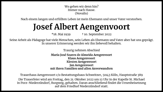 Anzeige von Josef Albert Aengenvoort von Kölner Stadt-Anzeiger / Kölnische Rundschau / Express