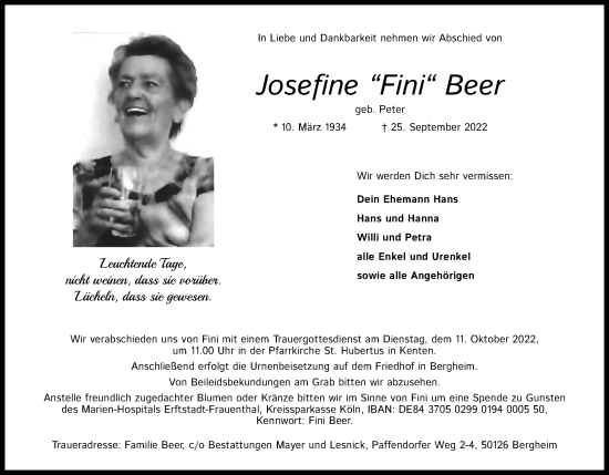Anzeige von Josefine Beer von Kölner Stadt-Anzeiger / Kölnische Rundschau / Express