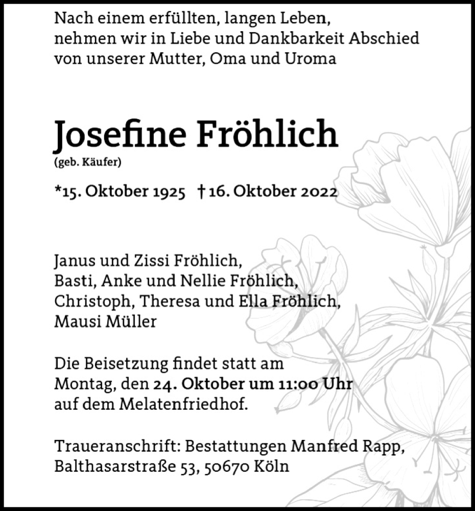  Traueranzeige für Josefine Fröhlich vom 22.10.2022 aus Kölner Stadt-Anzeiger / Kölnische Rundschau / Express