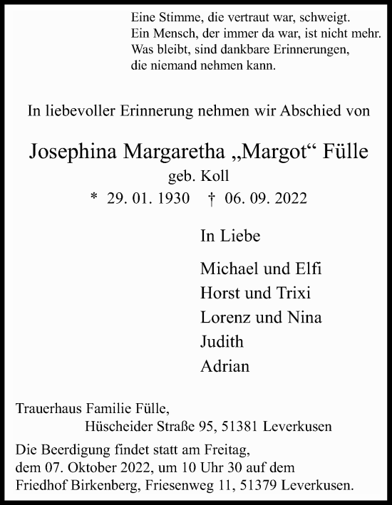 Anzeige von Josephina Margaretha Fülle von Kölner Stadt-Anzeiger / Kölnische Rundschau / Express