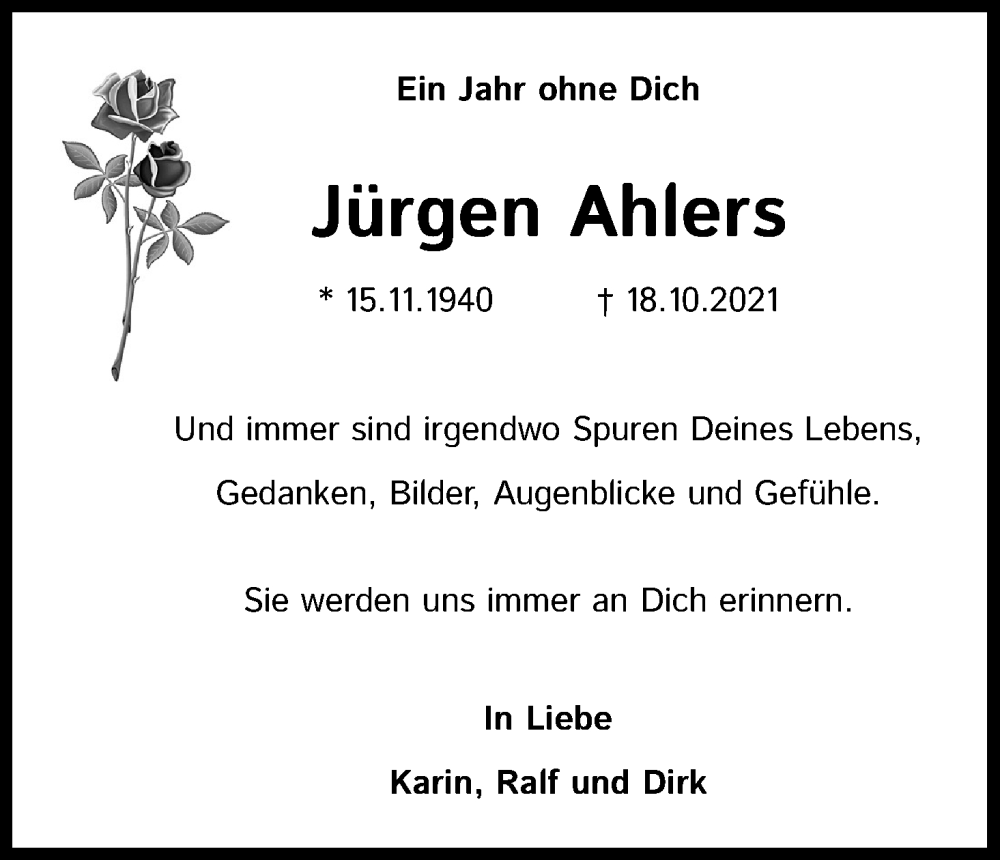  Traueranzeige für Jürgen Ahlers vom 18.10.2022 aus Kölner Stadt-Anzeiger / Kölnische Rundschau / Express