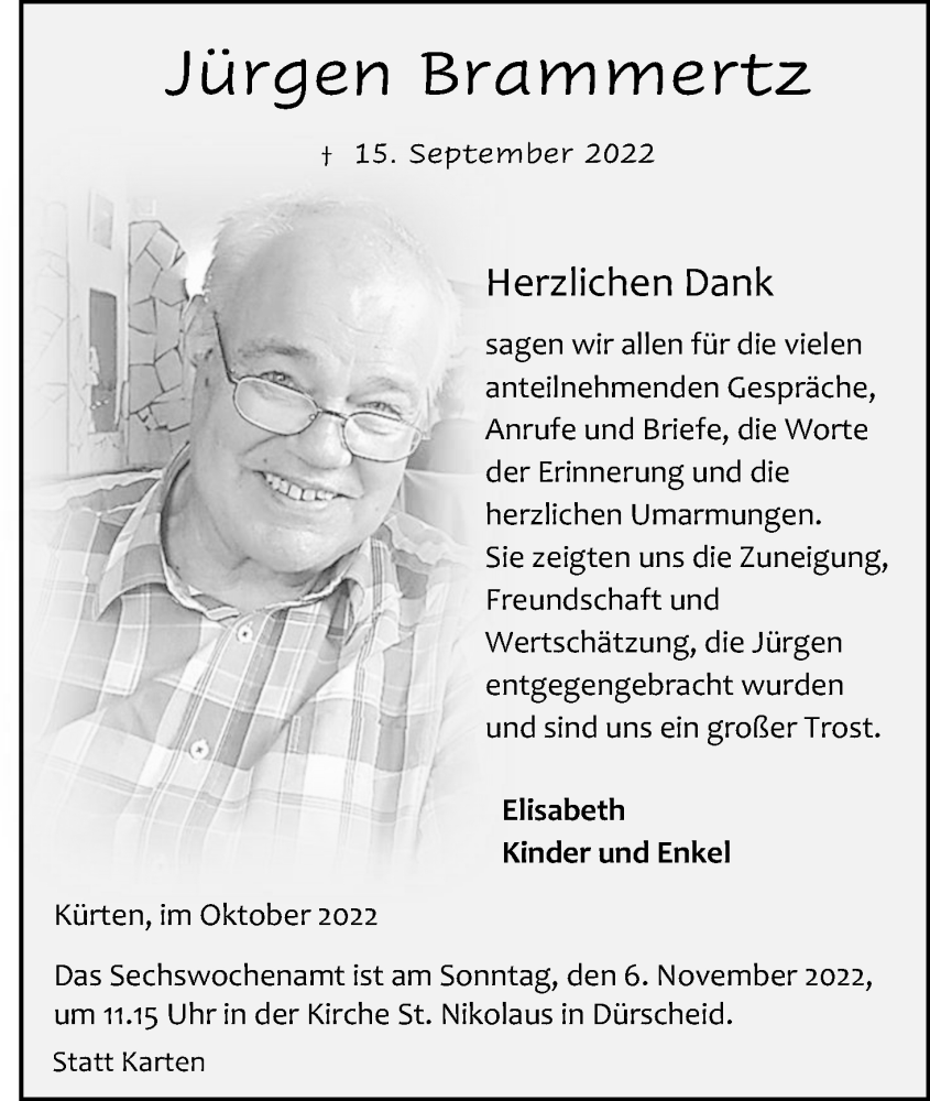 Traueranzeige für Jürgen Brammertz vom 29.10.2022 aus Kölner Stadt-Anzeiger / Kölnische Rundschau / Express