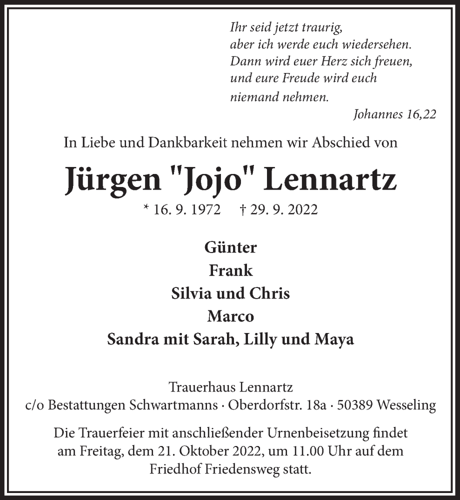  Traueranzeige für Jürgen Lennartz vom 14.10.2022 aus  Schlossbote/Werbekurier 