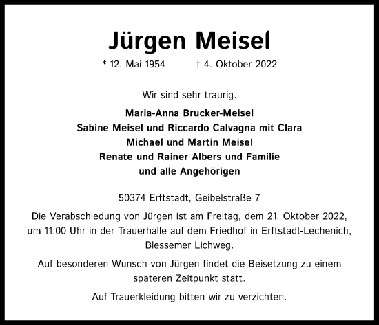 Anzeige von Jürgen Meisel von Kölner Stadt-Anzeiger / Kölnische Rundschau / Express