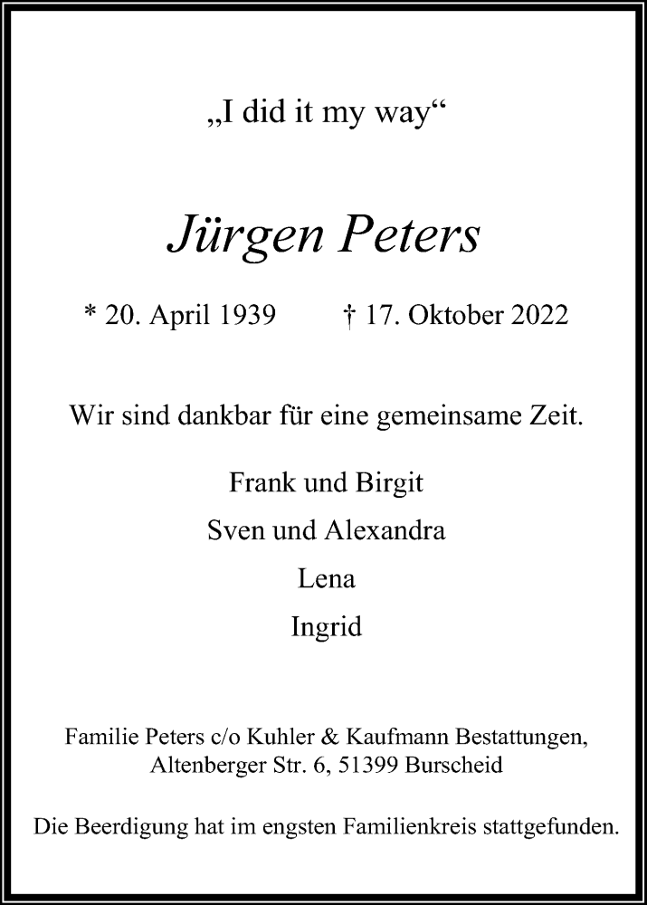  Traueranzeige für Jürgen Peters vom 29.10.2022 aus Kölner Stadt-Anzeiger / Kölnische Rundschau / Express