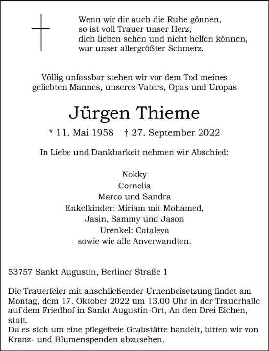Anzeige von Jürgen Thieme von  Extra Blatt 