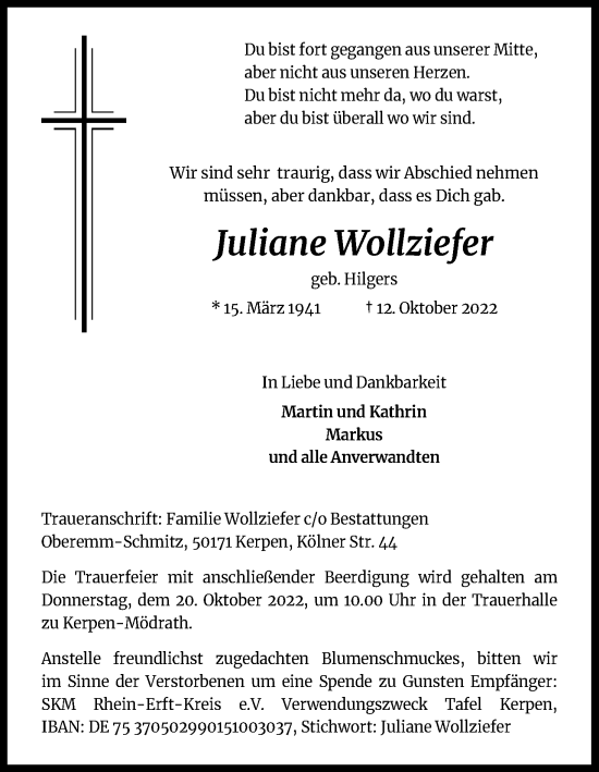 Anzeige von Juliane Wollziefer von Kölner Stadt-Anzeiger / Kölnische Rundschau / Express