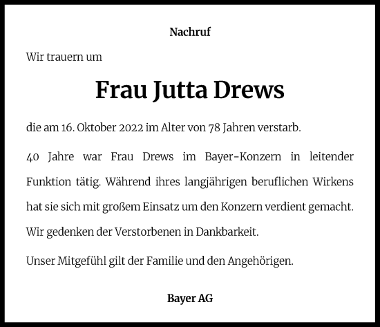 Anzeige von Jutta Drews von Kölner Stadt-Anzeiger / Kölnische Rundschau / Express