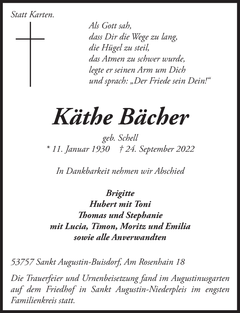  Traueranzeige für Käthe Blicher vom 07.10.2022 aus  Extra Blatt 