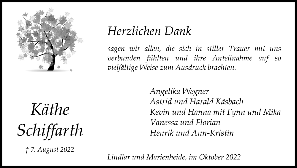  Traueranzeige für Käthe Schiffarth vom 01.10.2022 aus Kölner Stadt-Anzeiger / Kölnische Rundschau / Express