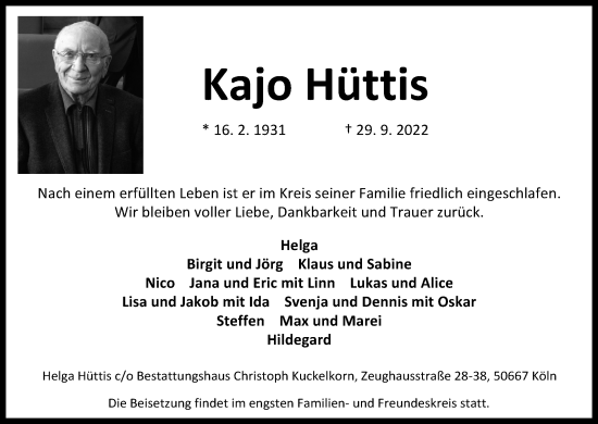 Anzeige von Kajo Hüttis von Kölner Stadt-Anzeiger / Kölnische Rundschau / Express