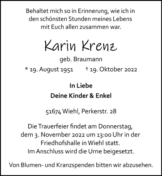 Anzeige von Karin Krenz von  Anzeigen Echo 