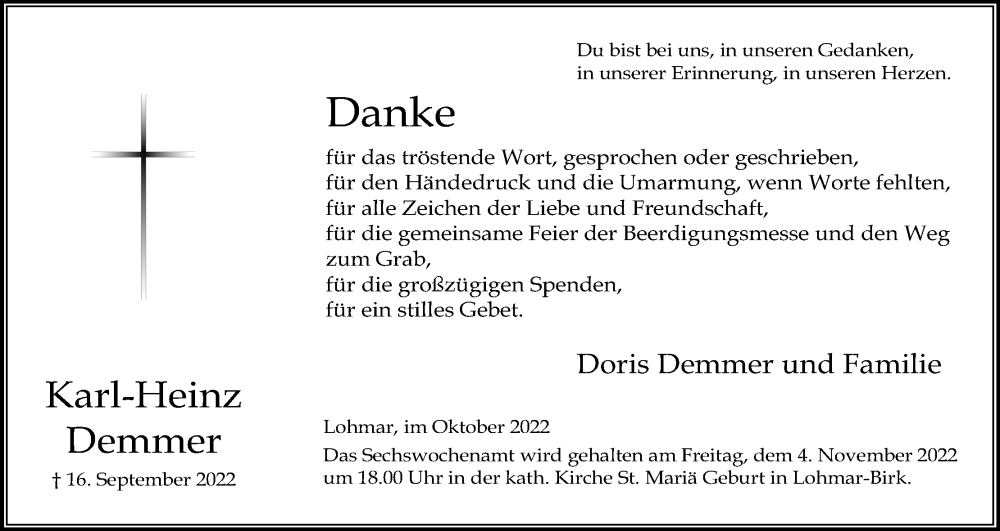  Traueranzeige für Karl-Heinz Demmer vom 29.10.2022 aus Kölner Stadt-Anzeiger / Kölnische Rundschau / Express