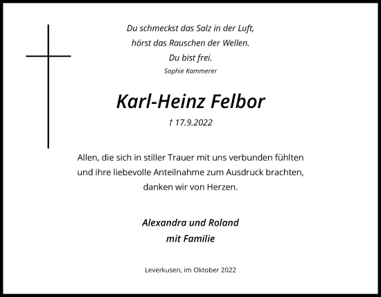 Anzeige von Karl-Heinz Felbor von Kölner Stadt-Anzeiger / Kölnische Rundschau / Express