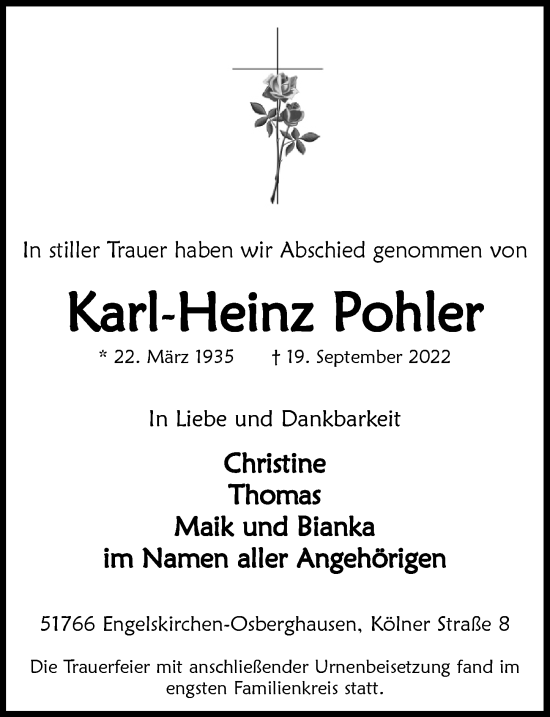 Anzeige von Karl-Heinz Pohler von  Anzeigen Echo 