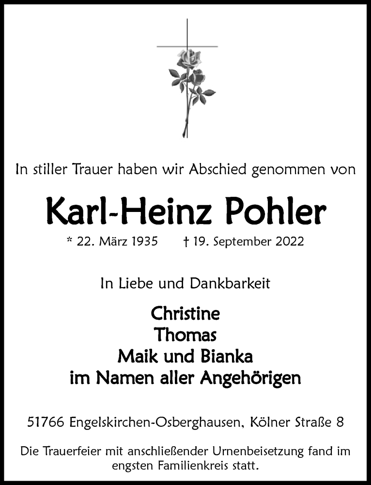  Traueranzeige für Karl-Heinz Pohler vom 07.10.2022 aus  Anzeigen Echo 