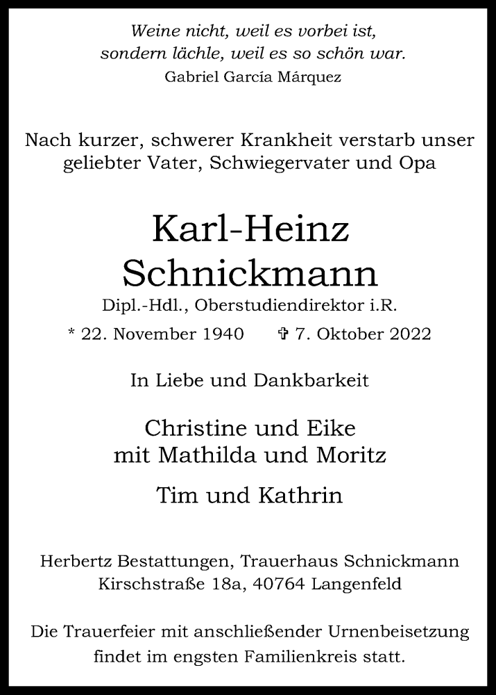  Traueranzeige für Karl-Heinz Schnickmann vom 15.10.2022 aus Kölner Stadt-Anzeiger / Kölnische Rundschau / Express