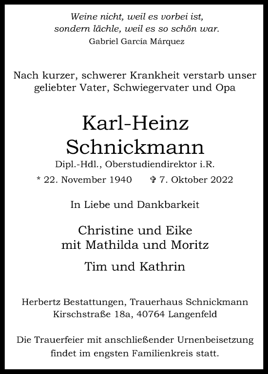 Anzeige von Karl-Heinz Schnickmann von Kölner Stadt-Anzeiger / Kölnische Rundschau / Express