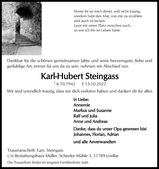 Anzeige von Karl-Hubert Steingass von Kölner Stadt-Anzeiger / Kölnische Rundschau / Express