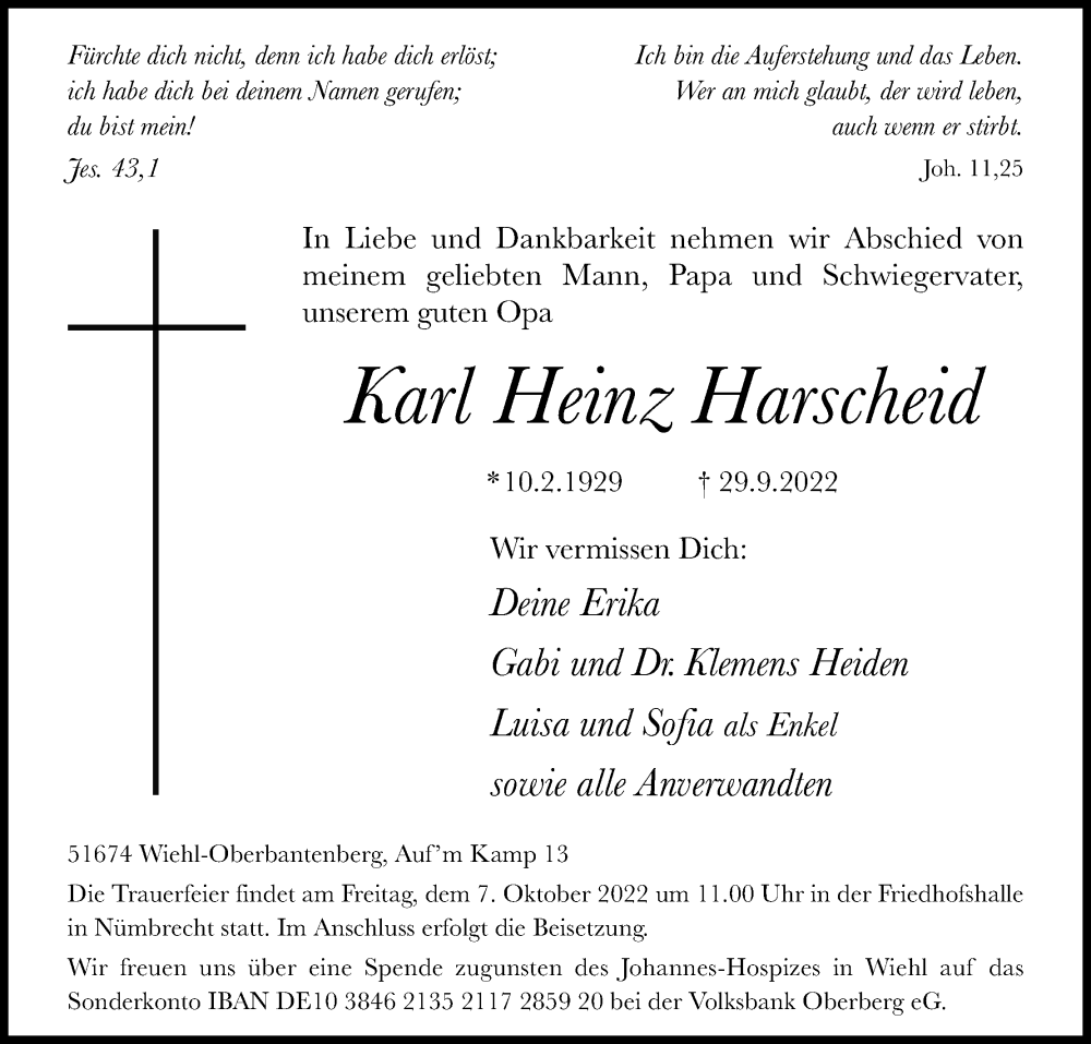 Traueranzeige für Karl Heinz Harscheid vom 01.10.2022 aus Kölner Stadt-Anzeiger / Kölnische Rundschau / Express