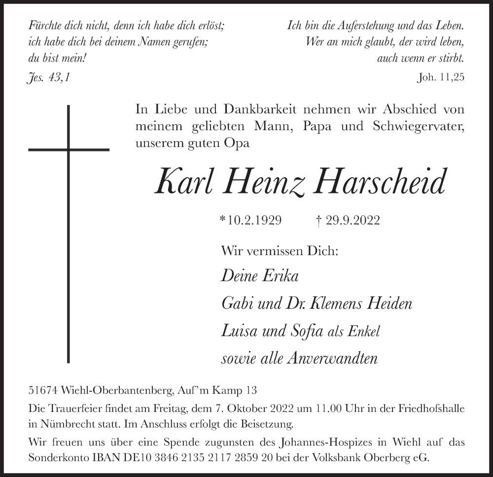  Traueranzeige für Karl Heinz Harscheid vom 07.10.2022 aus  Anzeigen Echo  Lokalanzeiger 