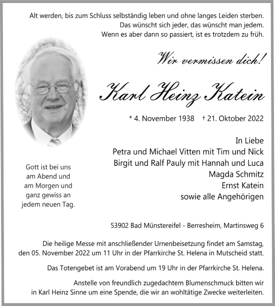 Anzeige von Karl Heinz Katein von  Blickpunkt Euskirchen 