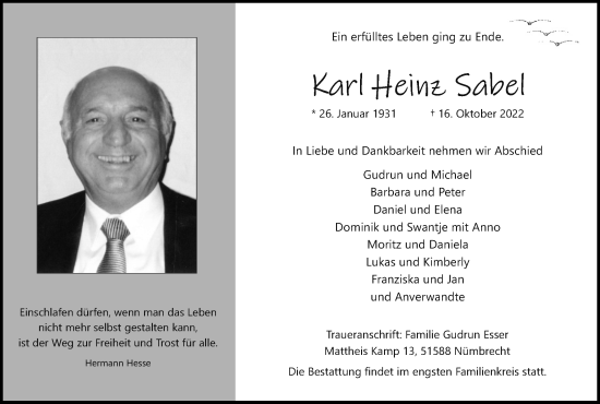 Anzeige von Karl Heinz Sabel von Kölner Stadt-Anzeiger / Kölnische Rundschau / Express