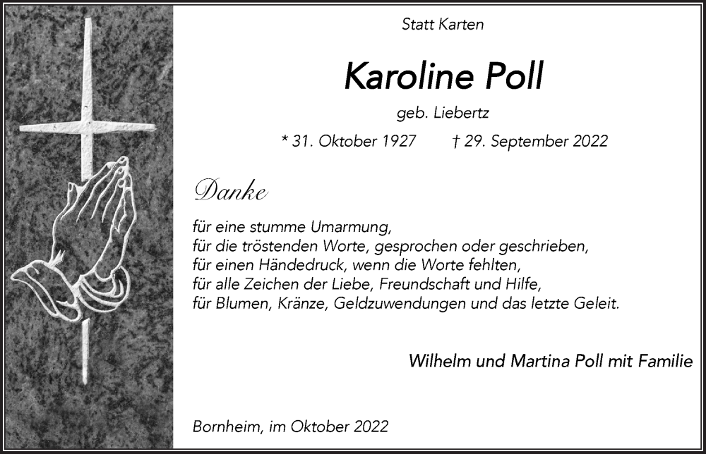  Traueranzeige für Karoline Poll vom 28.10.2022 aus  Schaufenster/Blickpunkt 