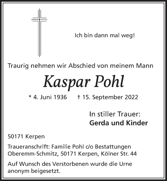 Anzeige von Kaspar Pohl von  Werbepost 