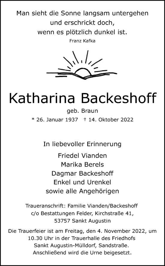 Anzeige von Katharina Backeshoff von Kölner Stadt-Anzeiger / Kölnische Rundschau / Express
