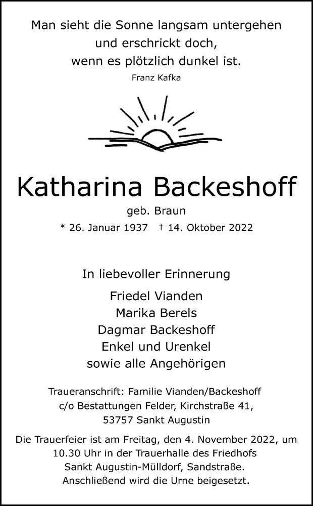  Traueranzeige für Katharina Backeshoff vom 22.10.2022 aus Kölner Stadt-Anzeiger / Kölnische Rundschau / Express