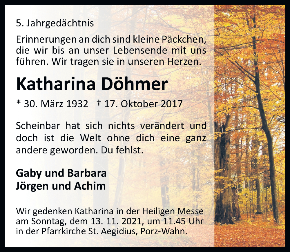  Traueranzeige für Katharina Döhmer vom 21.10.2022 aus  EXPRESS - Die Woche 