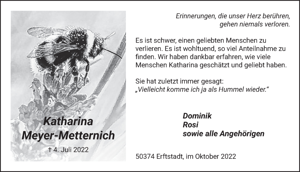  Traueranzeige für Katharina Meyer-Metternich vom 14.10.2022 aus  Werbepost 