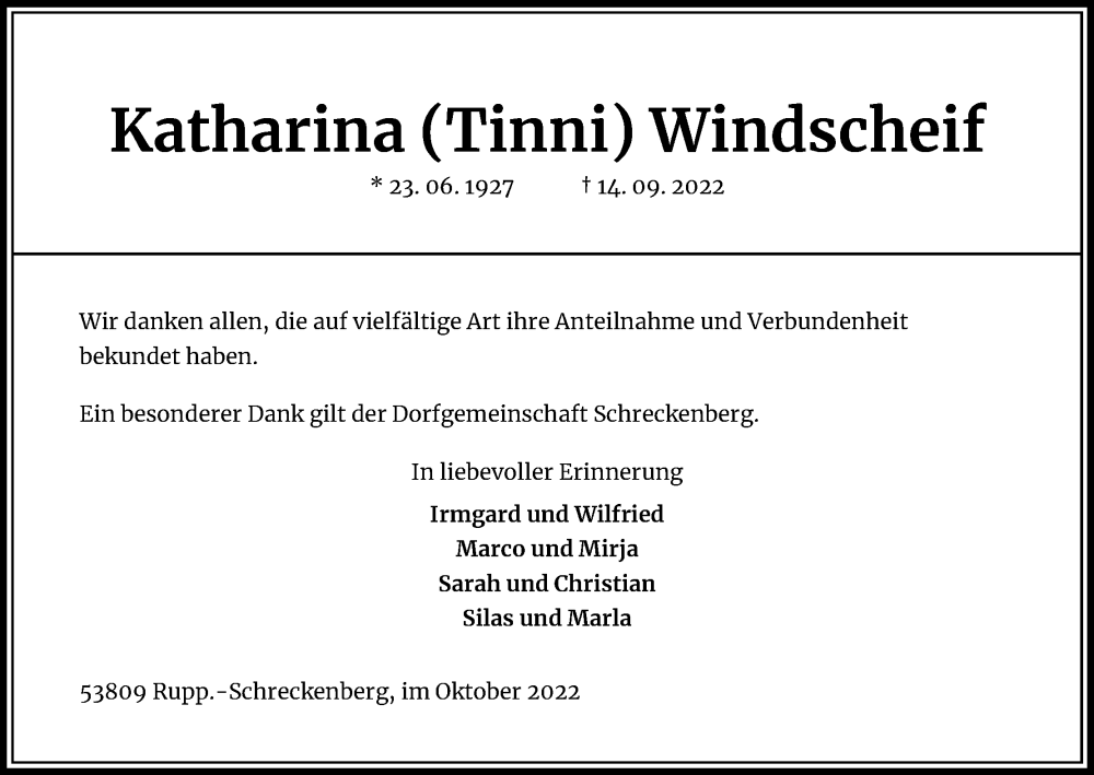  Traueranzeige für Katharina Windscheif vom 22.10.2022 aus Kölner Stadt-Anzeiger / Kölnische Rundschau / Express