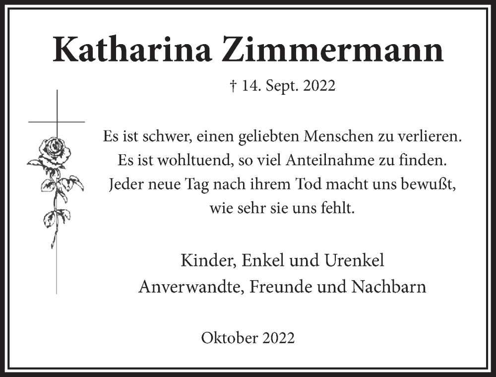  Traueranzeige für Katharina Zimmermann vom 07.10.2022 aus  Bergisches Handelsblatt 