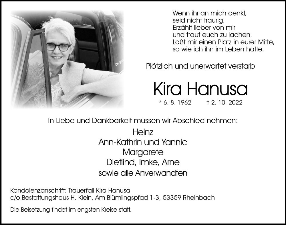  Traueranzeige für Kira Hanusa vom 08.10.2022 aus  Schaufenster/Blickpunkt 