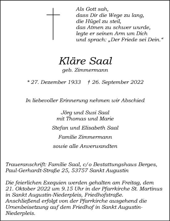Anzeige von Kläre Saal von  Extra Blatt 