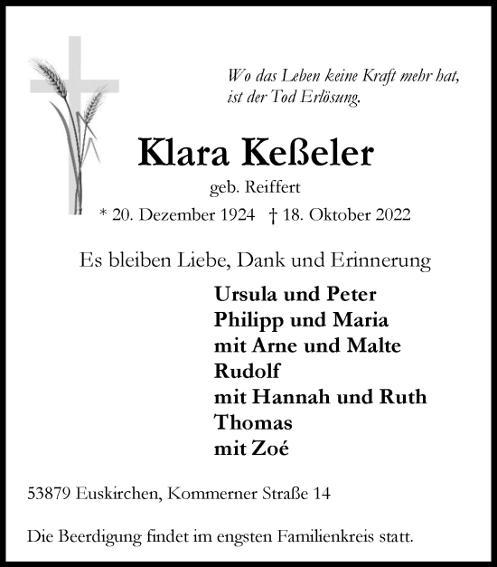 Anzeige von Klara Keßeler von  Blickpunkt Euskirchen 