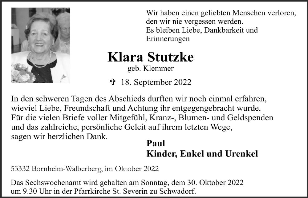  Traueranzeige für Klara Stutzke vom 21.10.2022 aus  Schlossbote/Werbekurier 