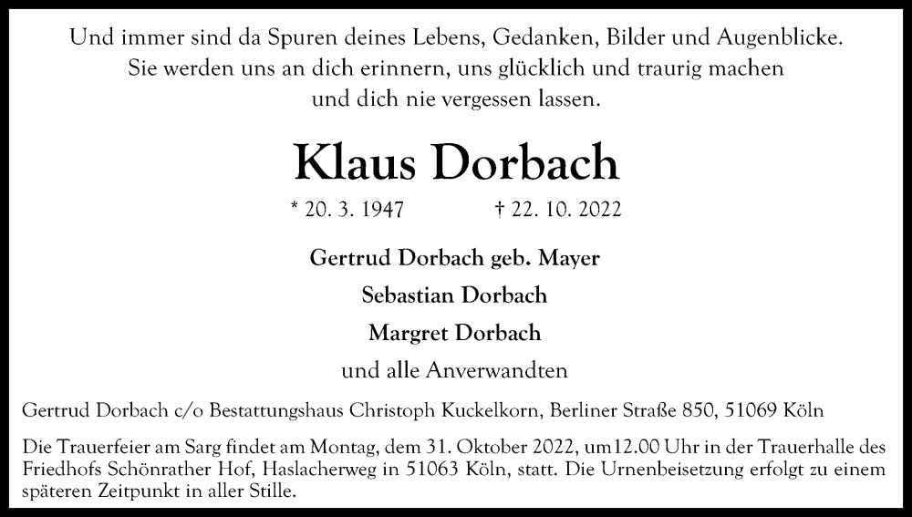  Traueranzeige für Klaus Dorbach vom 26.10.2022 aus Kölner Stadt-Anzeiger / Kölnische Rundschau / Express