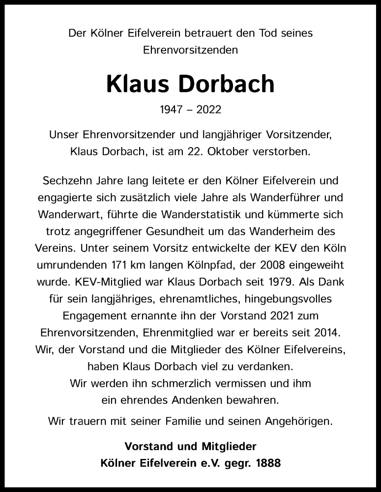  Traueranzeige für Klaus Dorbach vom 29.10.2022 aus Kölner Stadt-Anzeiger / Kölnische Rundschau / Express
