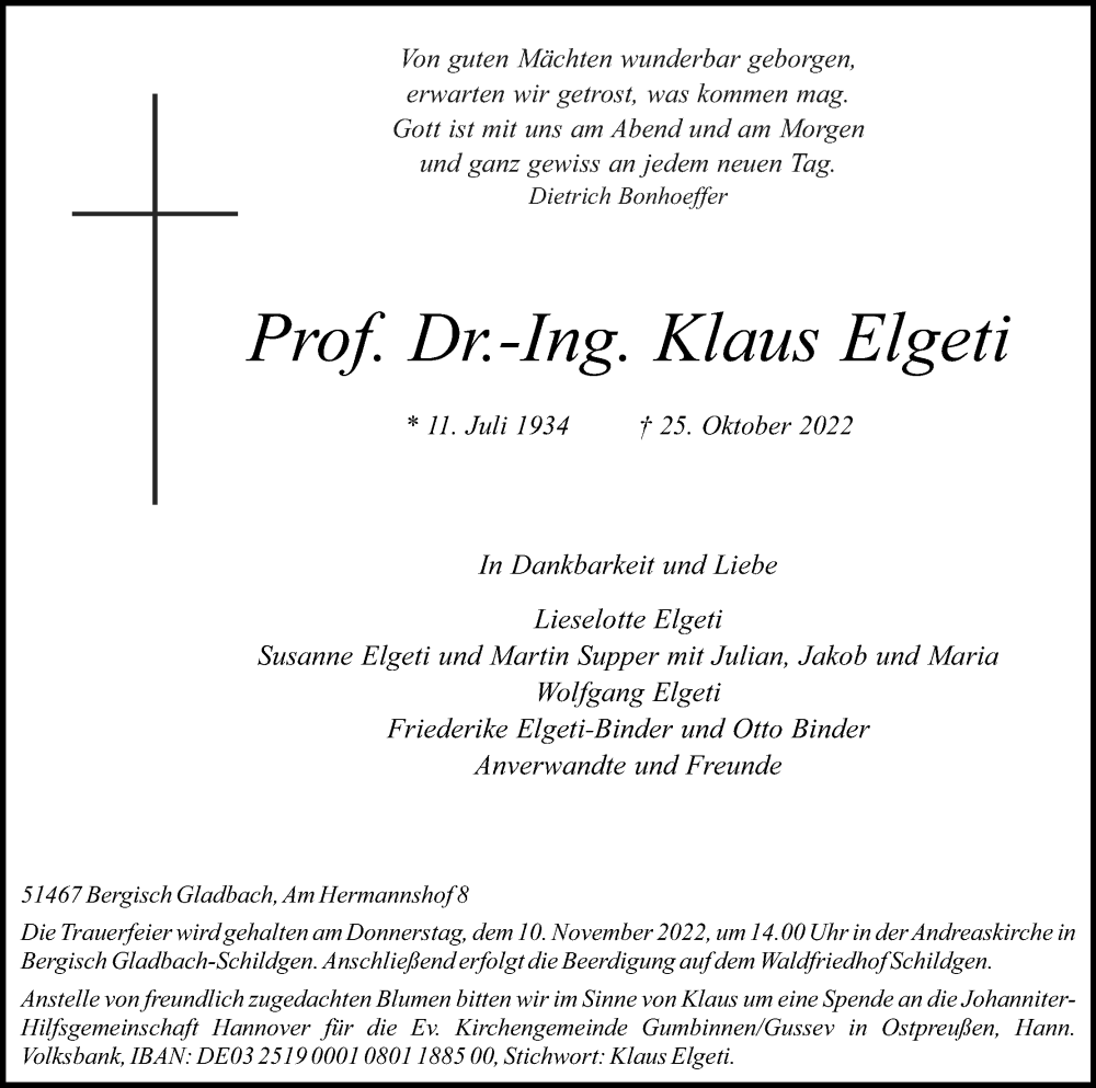  Traueranzeige für Klaus Elgeti vom 29.10.2022 aus Kölner Stadt-Anzeiger / Kölnische Rundschau / Express