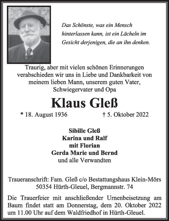 Anzeige von Klaus Gleß von  Wochenende 