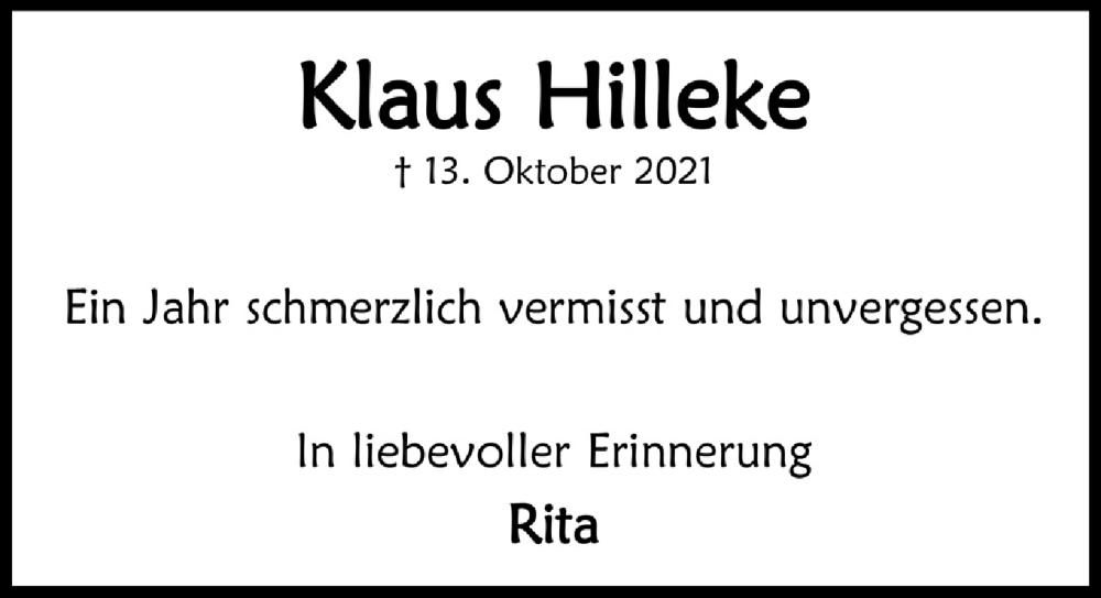  Traueranzeige für Klaus Hilleke vom 07.10.2022 aus  Anzeigen Echo 
