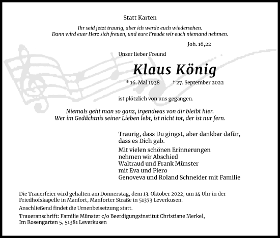 Anzeige von Klaus König von Kölner Stadt-Anzeiger / Kölnische Rundschau / Express