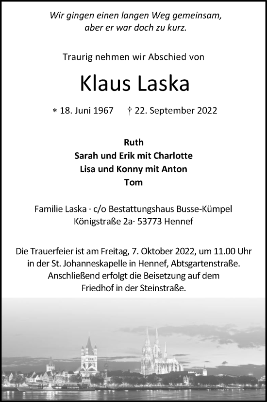 Anzeige von Klaus Laska von Kölner Stadt-Anzeiger / Kölnische Rundschau / Express