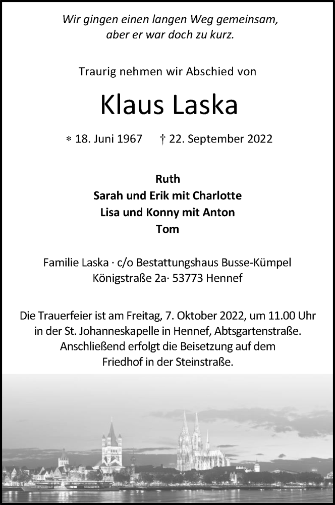  Traueranzeige für Klaus Laska vom 01.10.2022 aus Kölner Stadt-Anzeiger / Kölnische Rundschau / Express