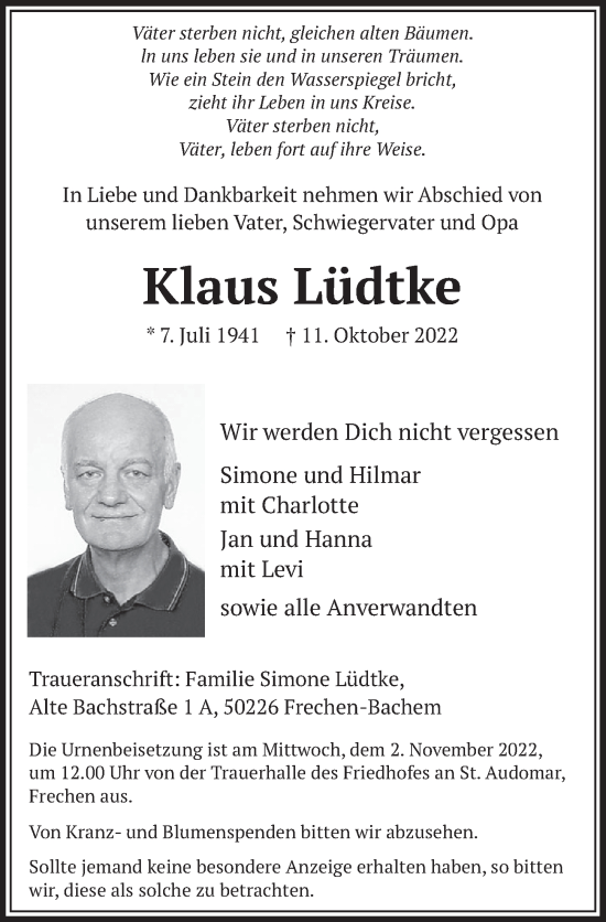 Anzeige von Klaus Lüdtke von  Wochenende 